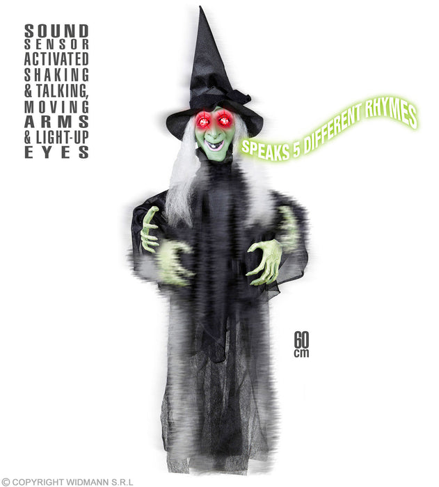 Sprechende und zitternde Hexe mit Leuchtaugen 60 cm | Halloween Dekoration