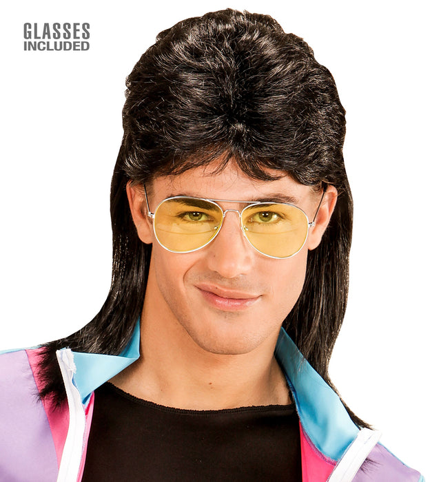 Herren Perücke "Vokuhila" mit Brille - Schwarz | 80er Jahre Party