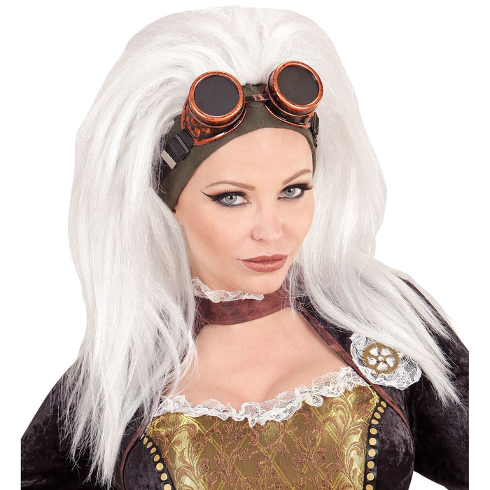 Perücke "Steampunk" für Erwachsene | Weiß mit Brille