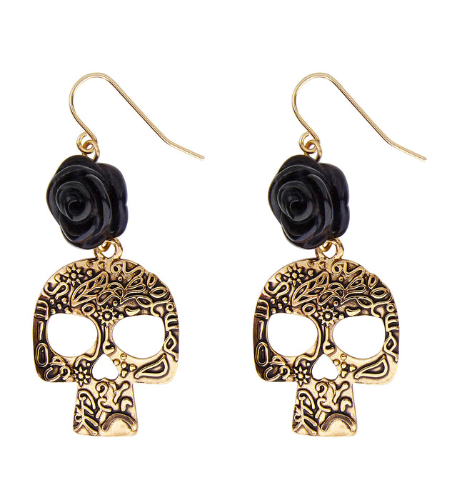 Day of the Dead Ohrringe "Totenkopf und Rose" | Schwarz Gold