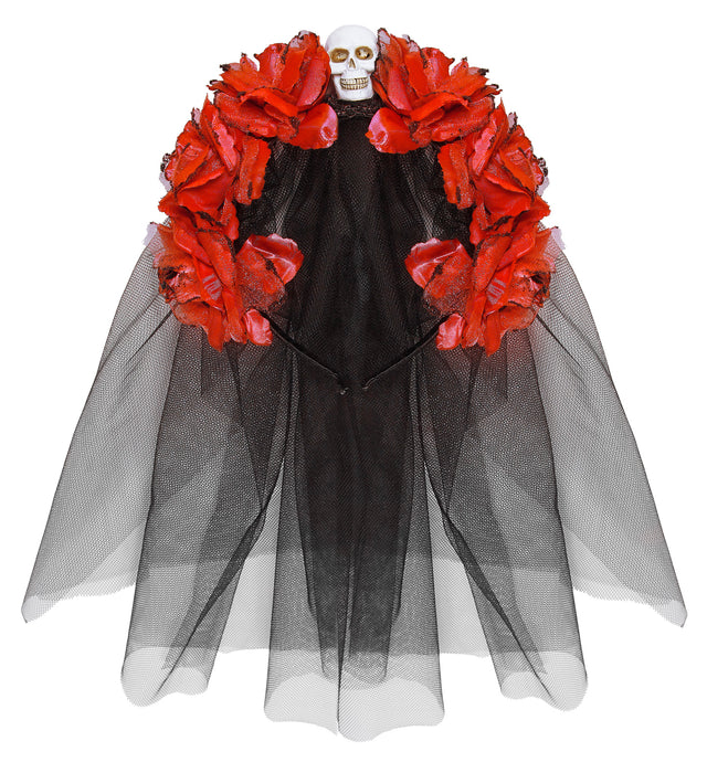 Halloween Brautschleier "Blumen und Totenkopf" | Schwarz Rot