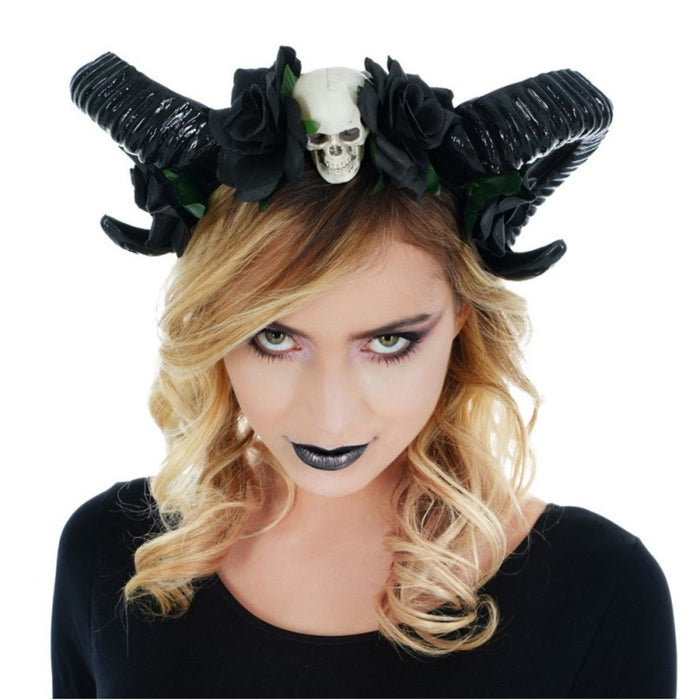 Haarreif mit Hörnern, Blumen und Totenkopf | Schwarz/Weiß