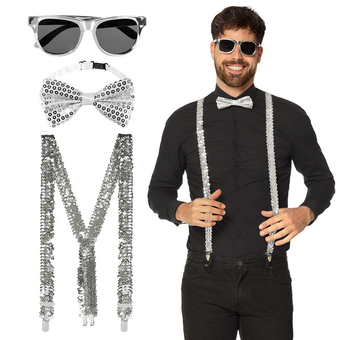Pailletten Partyset für Erwachsene - 13486 | Silber - Hosenträger, Brille und Fliege