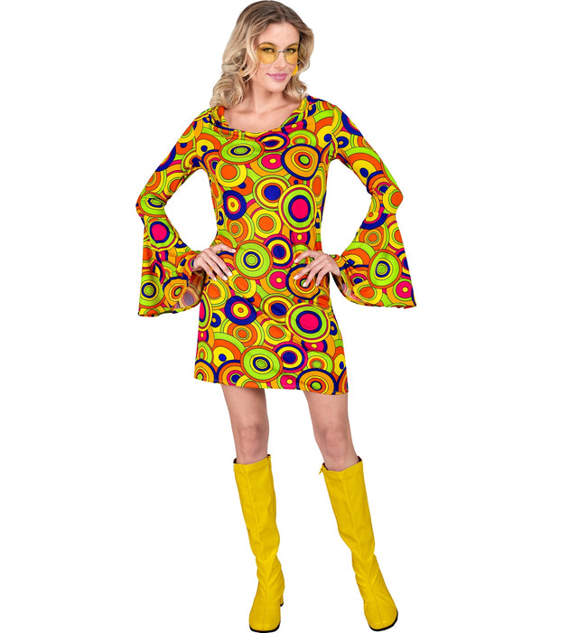 70er Jahre Damen Kleid "Yellow Circles" | Mehrfarbig - Kostüm Hippie