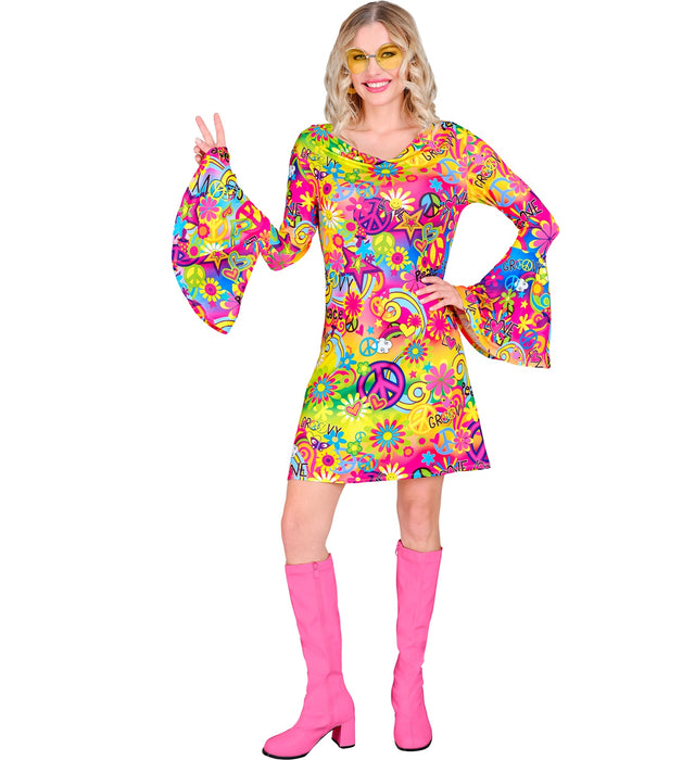 Retro Damen Kleid "Peace & Love" | Mehrfarbig - Kostüm 60er 70er Jahre