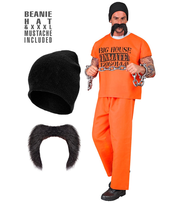 Sträfling Kostüm für Herren | Kostüm mit Bart- Orange