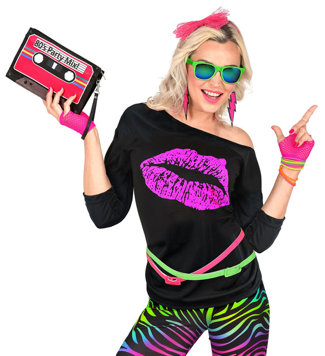 80er Jahre Shirt "Kiss" für Damen | Schwarz Pink