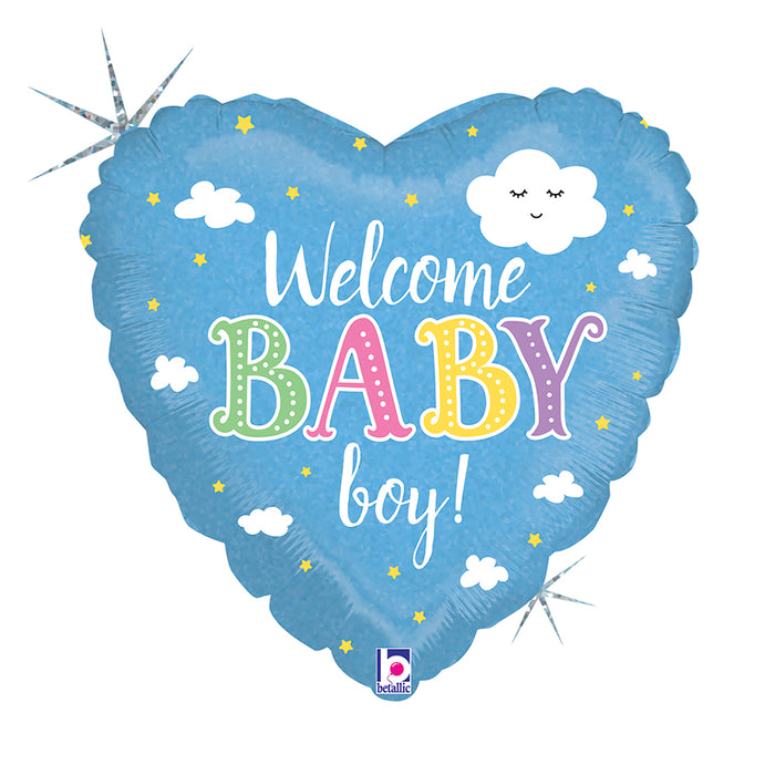 ABC18 Herz Folienballon "Baby Welcome Boy" Holo/Glitter | Ø 46 cm