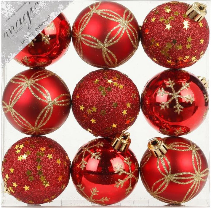 Inge-Glas Weihnachtskugeln Rot | Ø 6 cm | 9 Stück | Kunststoff bruchsicher | Glänzend & matt | Christbaumkugeln für Weihnachtsbaum & Deko