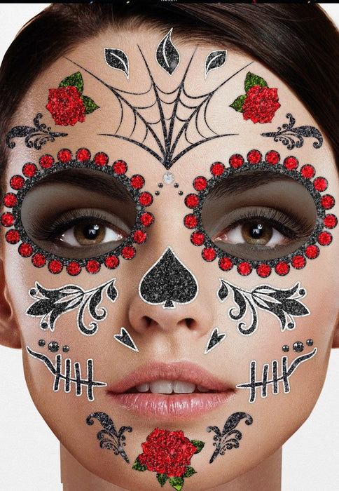 Halloween Gesichts-Tattoo "Black Roses" | Rot Schwarz