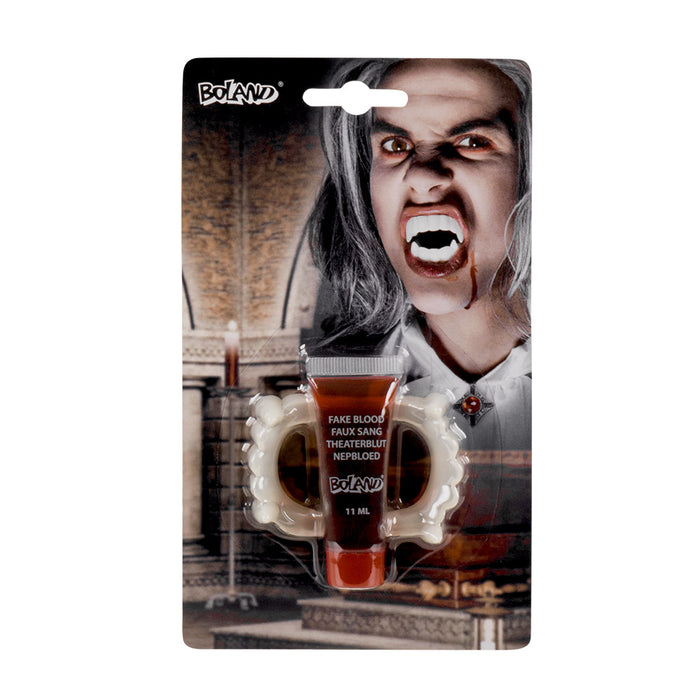 Vampir Set "Zähne und Kunstblut" | 11 ml - Halloween Kostüm Vampirgebiss