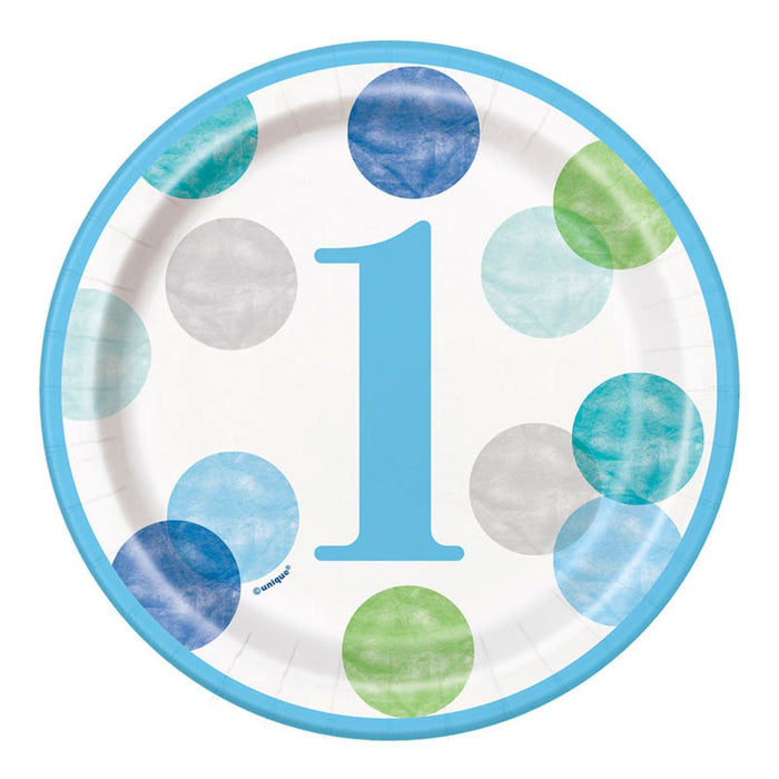 Pappteller "Dots Blau 1st Birthday" | Ø18cm/8Stk.