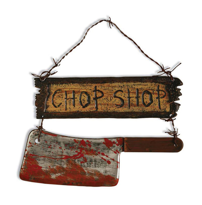 Halloween Schild mit Beil Chop Shop 25 cm Blutig & Schaurig Horror-Deko für Partys, Spukhäuser & Outdoor Schlachthaus-Optik