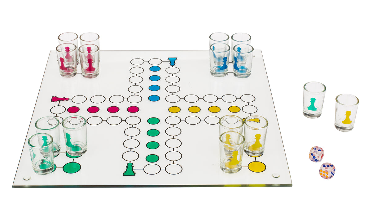 Glas-Trinkspiel "Ludo" | 16 Gläser & 2 Würfel