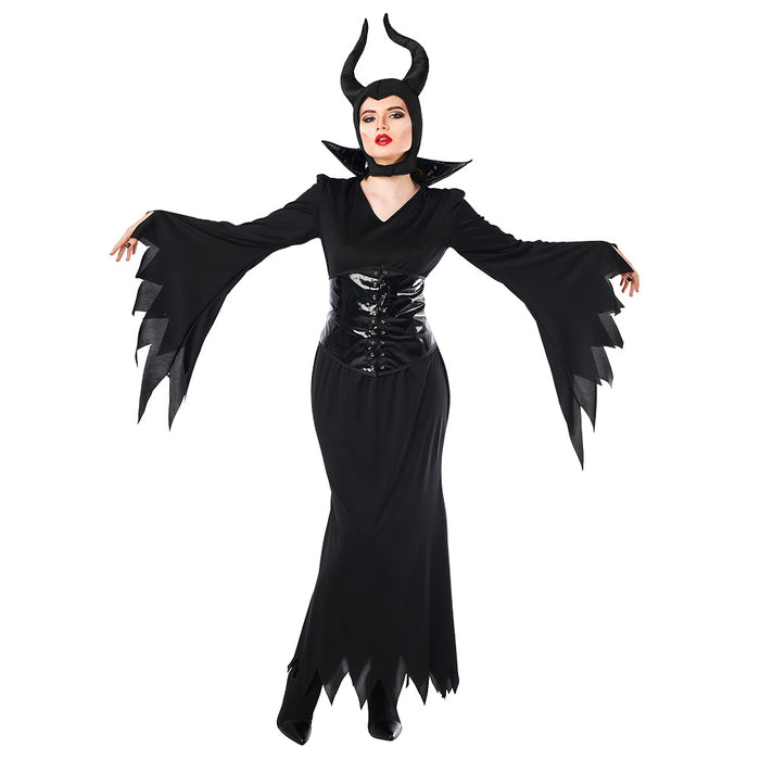 Hexenkostüm "Evil Queen" Halloween Kostüm für Damen | Schwarz mit Hörner Haarreif