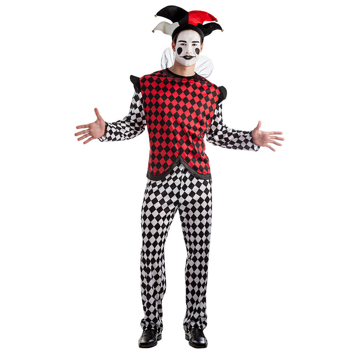 Harlekin Pierrot Kostüm für Herren | Anzug mit Kopfschmuck