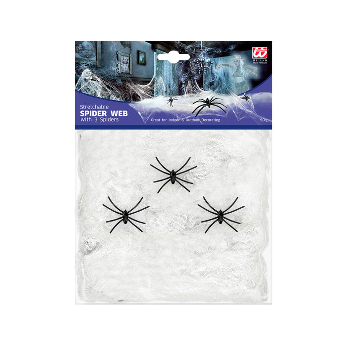 Weißes Spinnennetz 50g mit 3 Spinnen | Halloween Dekoration