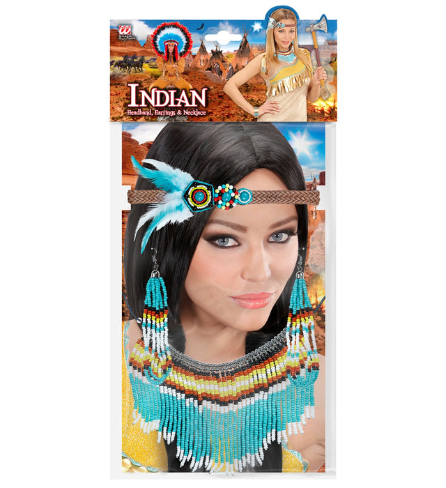 Indianerin Schmuck Set 4-tlg. | Mehrfarbig - Halskette, Stirnband und Ohrringe
