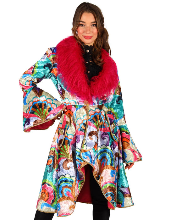Karneval Jacke für Damen mit Fellbesatz und Blumenmuster | Pink Bunt