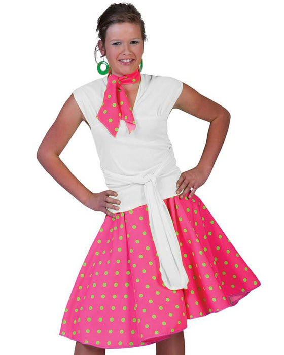 Fifties Punkte Tellerrock für Damen mit Halstuch | Pink Grün