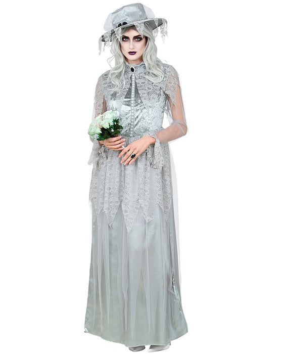 Halloween Kostüm "Geisterbraut" für Damen | Geister Hexen Kleid mit Hut - Grau