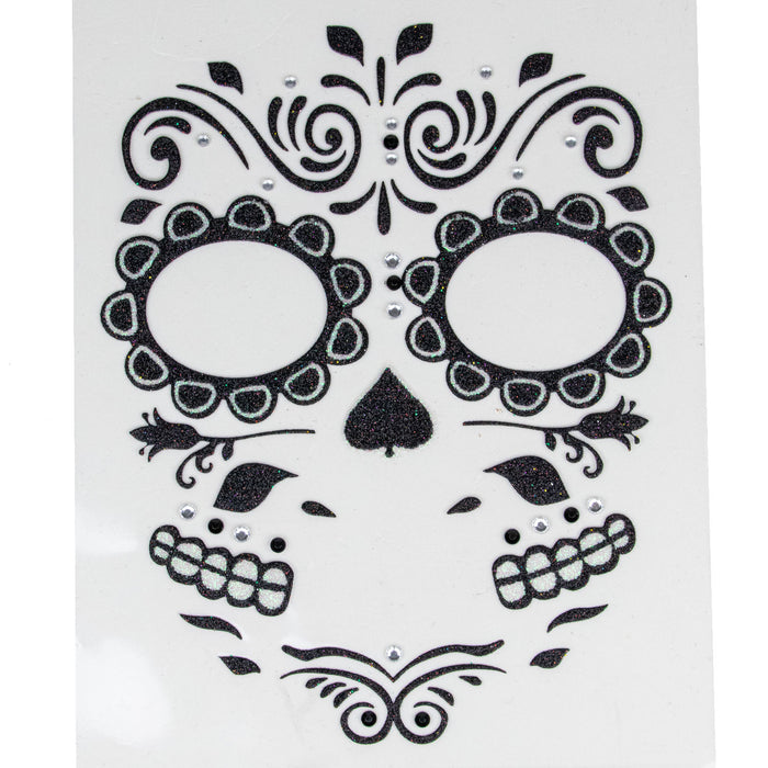 Halloween Gesichts-Tattoo Skelett | Schwarz Glitzer | Schmink-Ersatz für Kostüm & Party