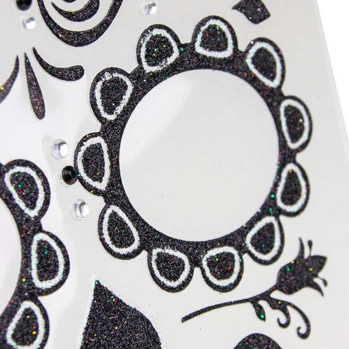 Halloween Gesichts-Tattoo Skelett | Schwarz Glitzer | Schmink-Ersatz für Kostüm & Party