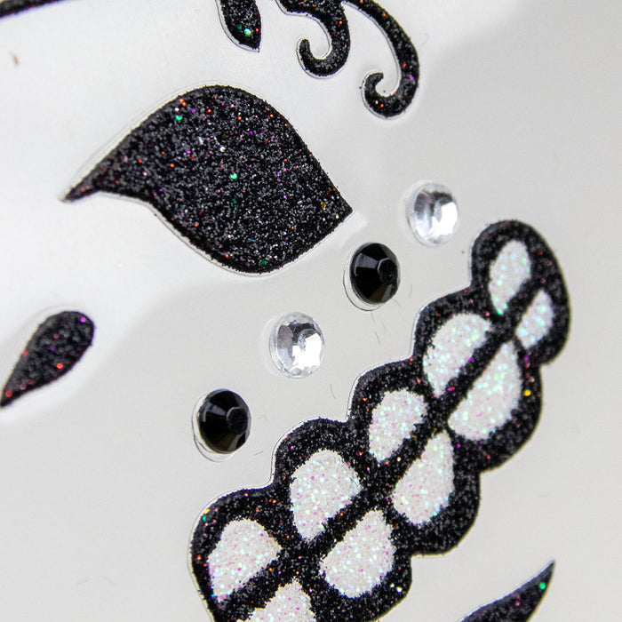 Halloween Gesichts-Tattoo Skelett | Schwarz Glitzer | Schmink-Ersatz für Kostüm & Party