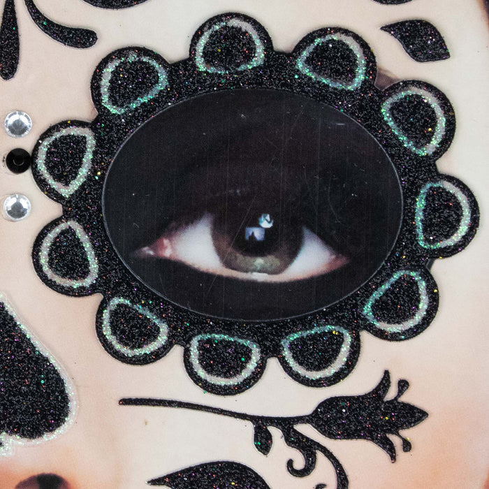 Halloween Gesichts-Tattoo Skelett | Schwarz Glitzer | Schmink-Ersatz für Kostüm & Party