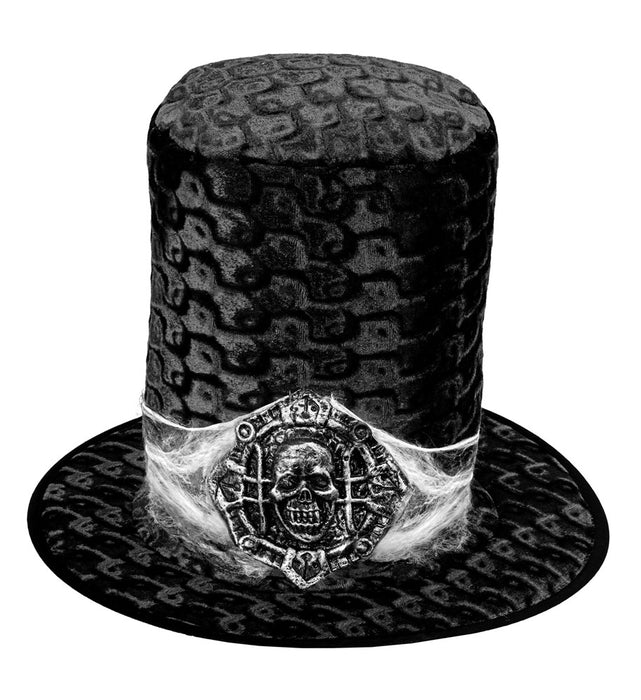 Gothic Samt Zylinder mit Totenkopf Medaillon - Schwarz Silber | Halloween Kostüm