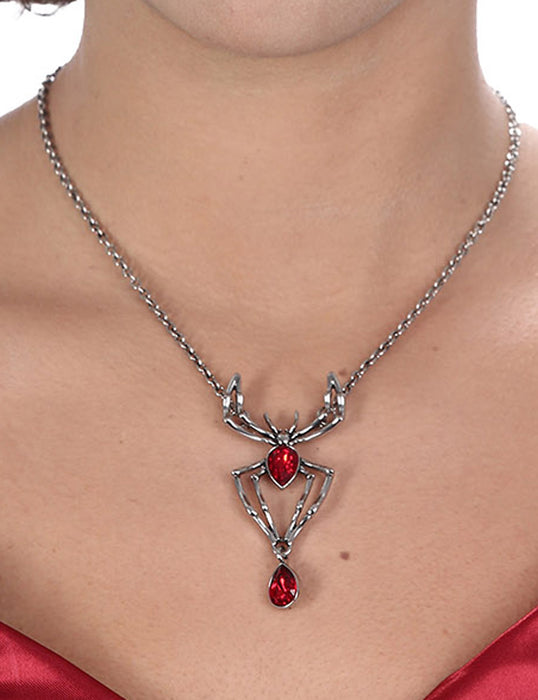 Halskette "Spinne mit rotem Strass" | Silber Rot - Schmuck Halloween Kostüm Hexe Vampir