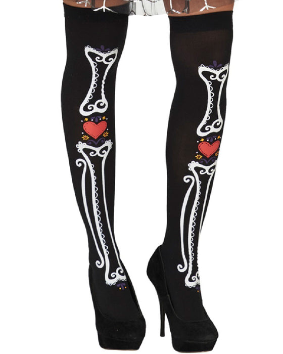 Overknees Strümpfe "Day of the Dead" mit Knochen | Schwarz