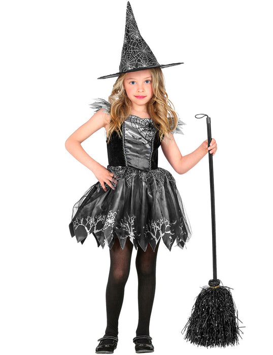 Glitzer Hexe Kinderkostüm 2-teilig - Kleid und Hut | Schwarz-Silber
