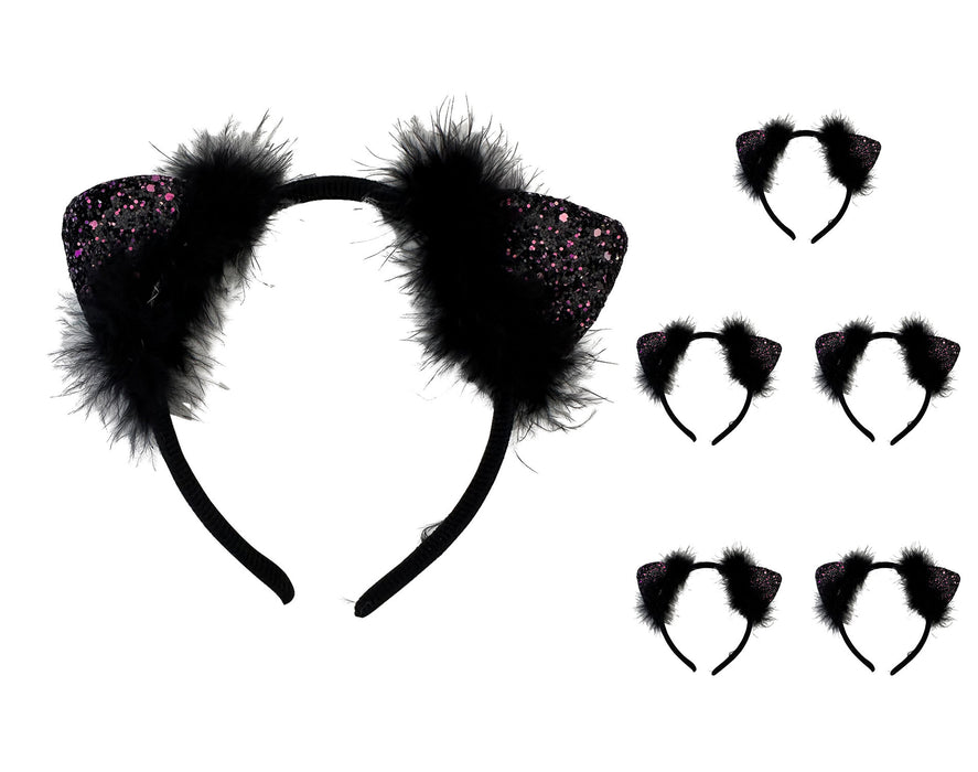 Katzenohren Haarreif mit Federn und Glitter | Schwarz 5er Set