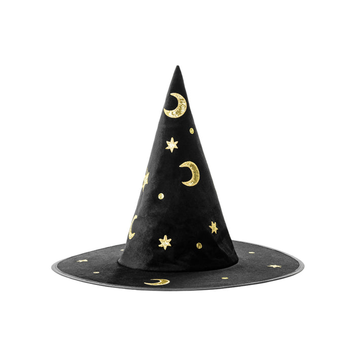 Kinder Hexenhut mit Mond und Sternen | Schwarz Gold