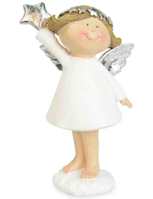 Dekofigur Engel "Carina" mit Stern Weiß Silber 14,5 cm | 70493 - Adventsdekoration