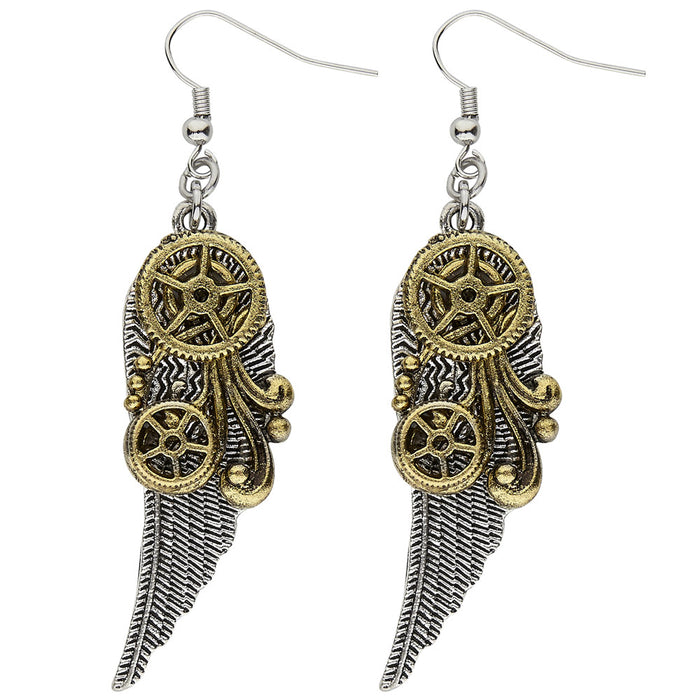 Steampunk Ohrringe mit Flügeln und Zahnrädern 01784 | Silber Gold