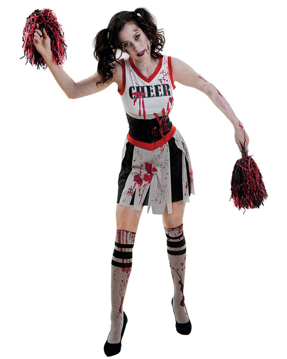 Zombie Cheerleader Halloween Kostüm für Damen | Schwarz Rot