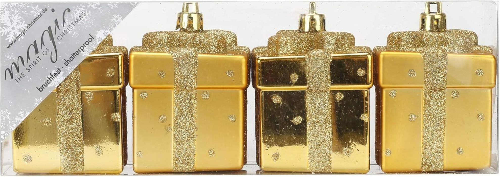 Inge-Glas Weihnachtskugeln Gold | Ø 6,5 cm | 4 Stück in Box | Kunststoff bruchsicher | Glänzend & matt | Christbaumkugeln Weihnachtsdeko