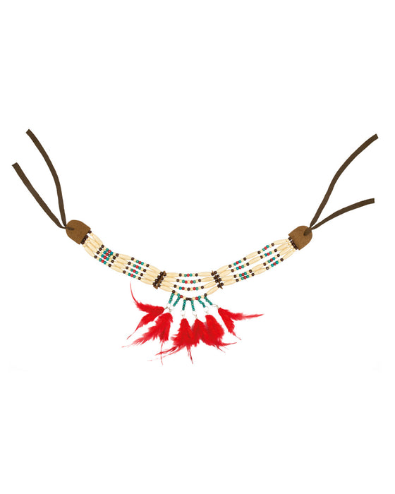 Indianer Halskette "Tiki" mit Holzperlen und Federn | Mehrfarbig