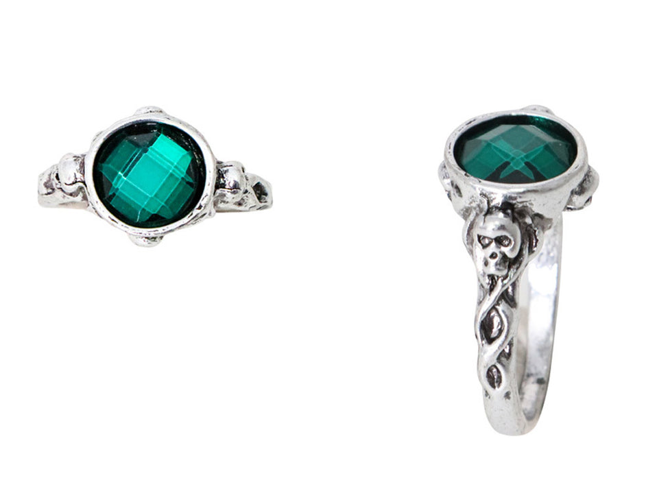 Gothic Damen Ring mit Totenkopf - Silber / Grün