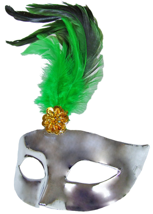 Augenmaske mit Federn - Silber Grün