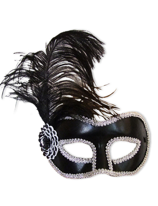 Venezianische Augenmaske "Arianna" mit Feder - Schwarz Silber