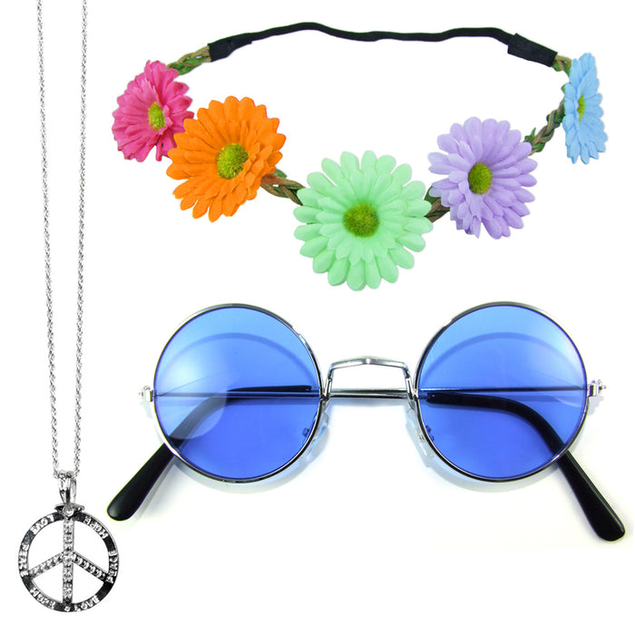 Hippie Set 3-tlg. - Margeriten Haarband Peace Kette Lennon Brille | Bunt mit blauer Brille