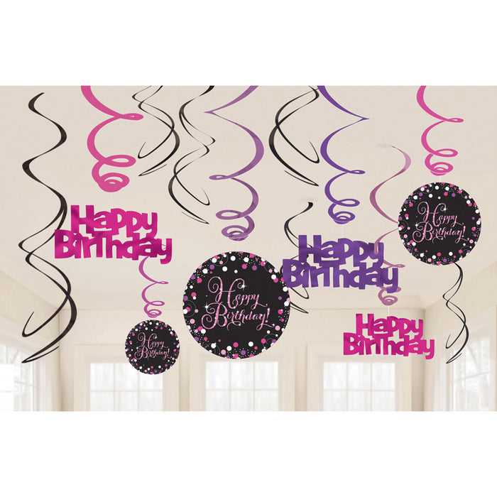 Amscan "Sparkling Celebration" 12 Deko-Spiralen Happy Birthday 61 cm - Schwarz Pink - 9901183 | Part
