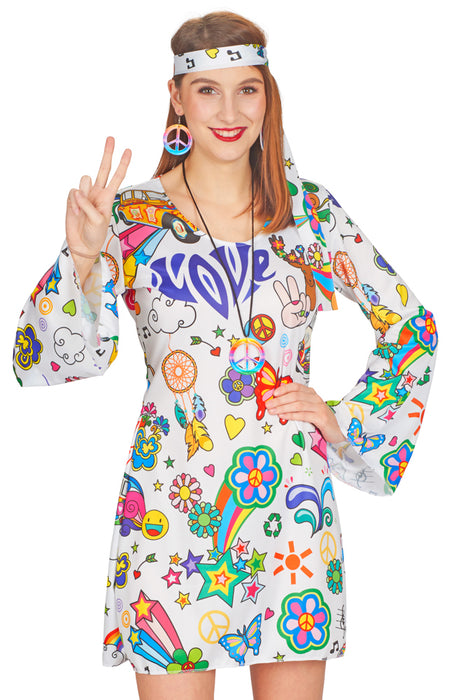 Hippie Flower Power Damen Kostüm "Hope" | Weiß Bunt