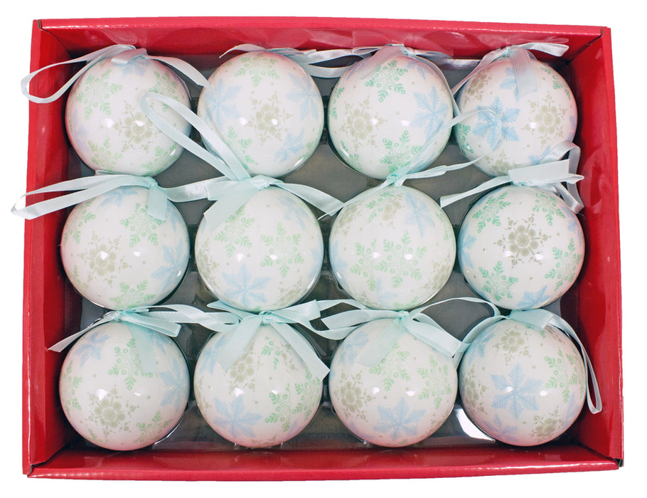 Kunststoff Weihnachtskugeln 6cm 12-tlg. - Schneeflocken Weiß Blau Grün