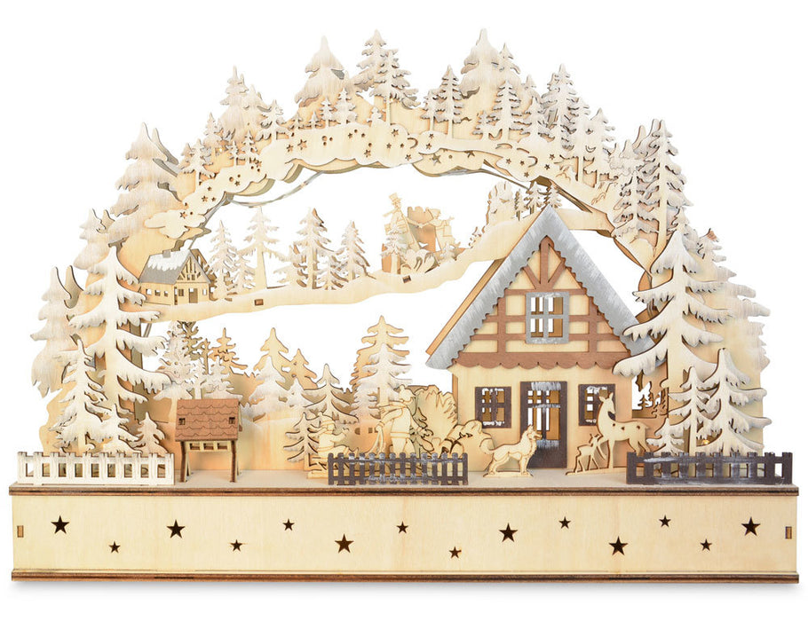 LED Schwibbogen "Winterkinder mit Landhaus" 40 x 29 cm | 76118 Natur - Holz Lichterbogen