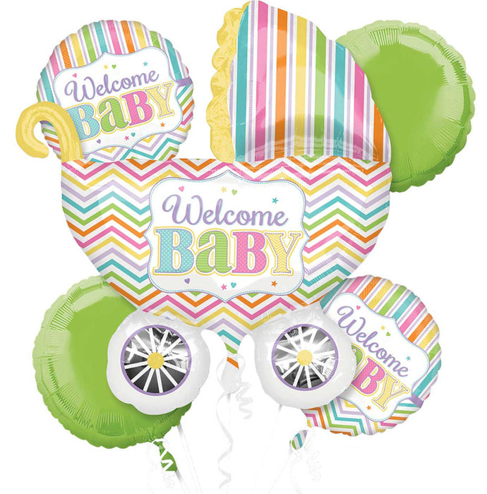 "Baby Brights" Folienballon Bouquet Kinderwagen - Grün / Bunt