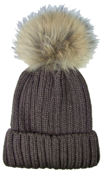 Damen Beanie Strickmütze mit Fellbommel - Dunkelbraun